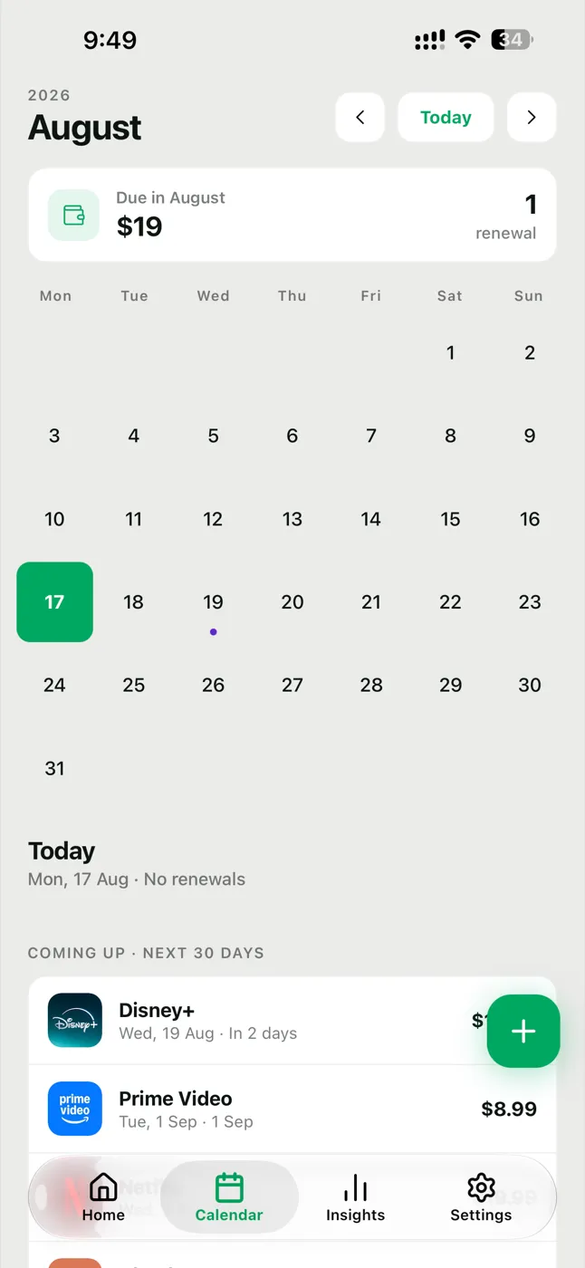 Glint calendar screen showing upcoming subscription renewals