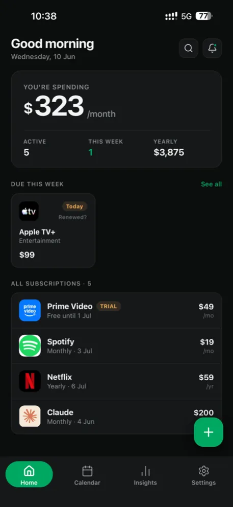 Glint home screen in the Dark theme