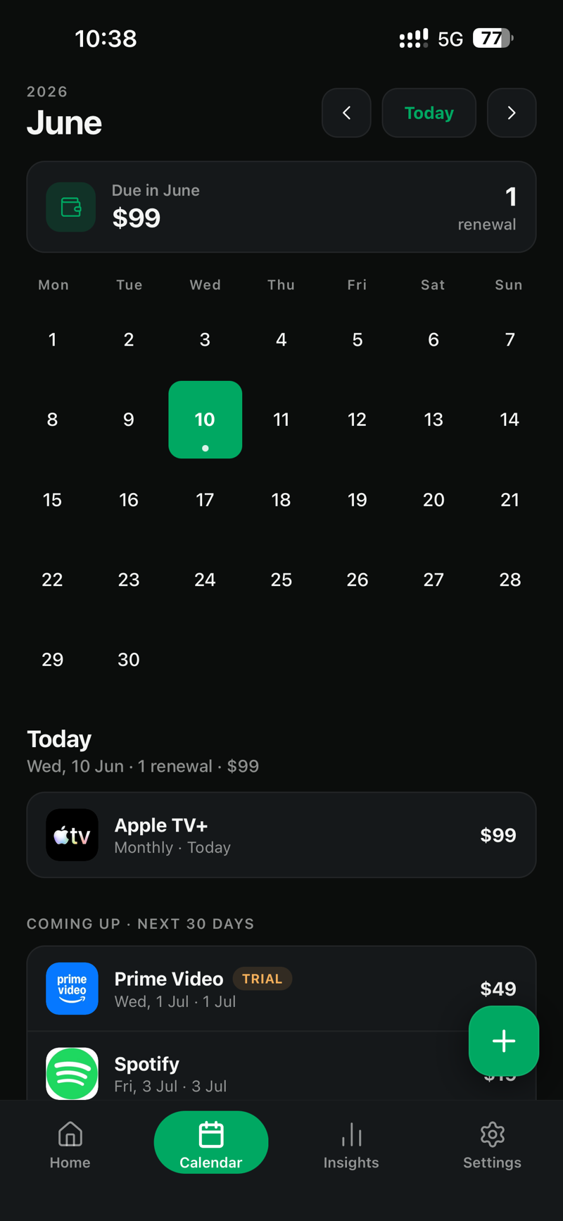 Glint calendar screen showing upcoming subscription renewals