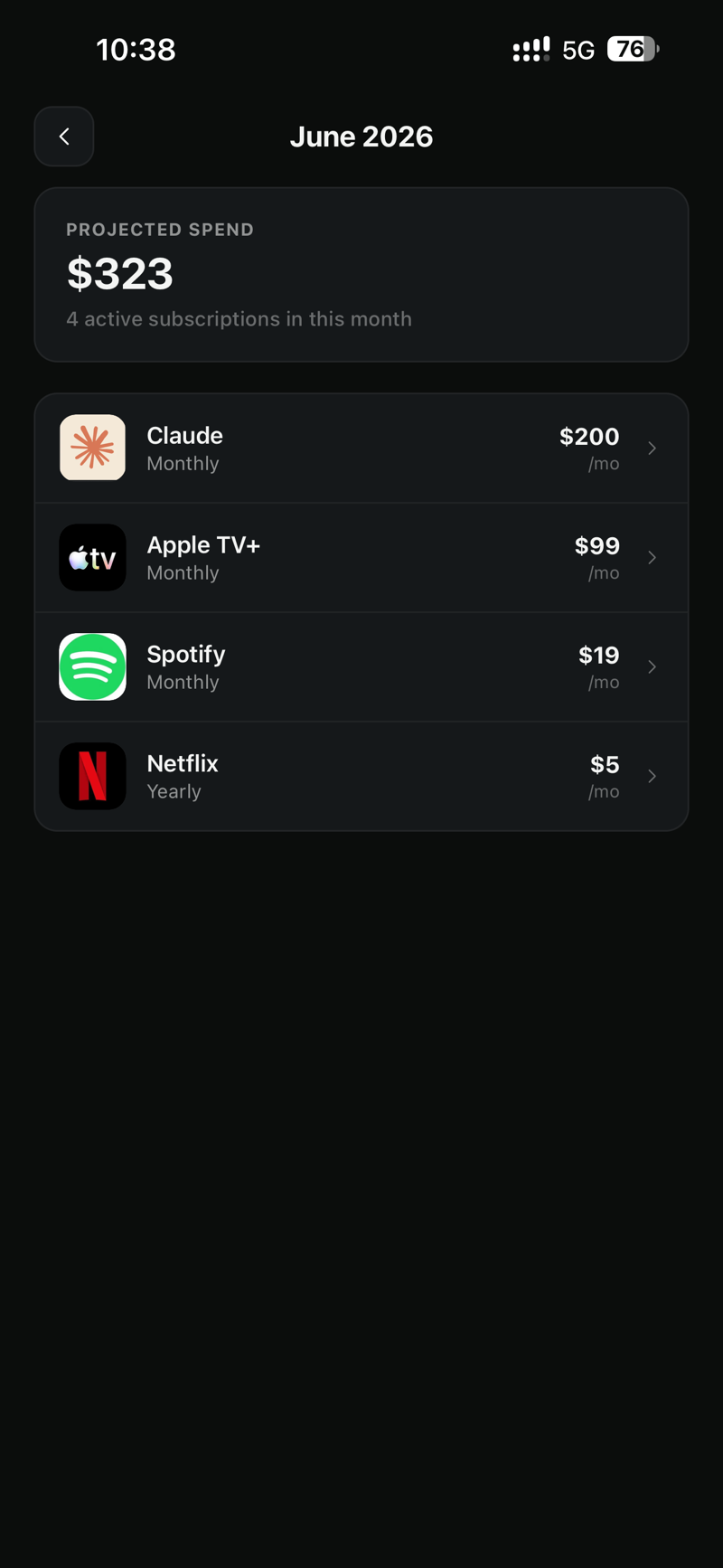 Glint screen showing subscriptions converted into one currency total