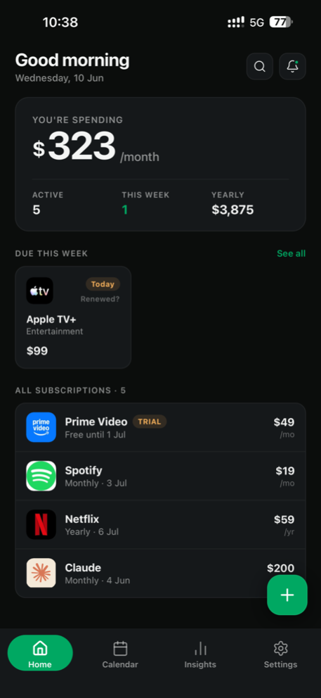 Glint home screen in the Dark theme