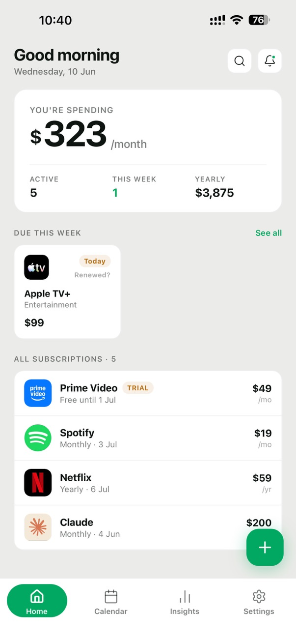 Glint home screen showing monthly spending total, subscriptions due this week, and the full subscription list