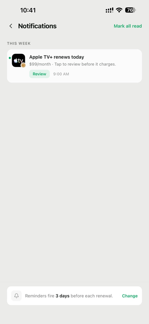 Glint notifications screen listing upcoming renewal reminders